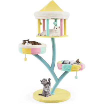 57.5 High Stylish Cat Tower with Paper Rope, Open-top Condo, Removable Perches, and Swinging Balls for Indoor Play