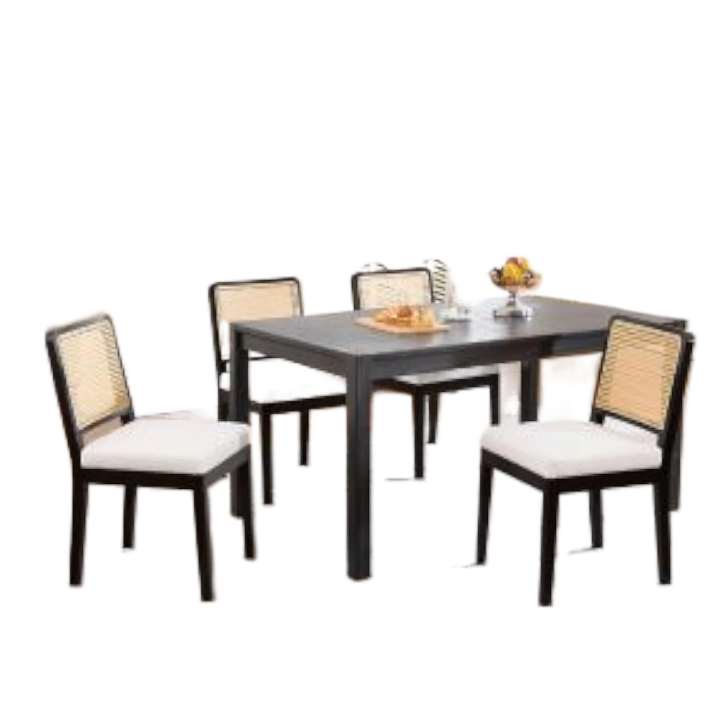 Modern Farmhouse Rattan Dining Chairs Set of 4 Beige Linen Upholstered Dining Room Chairs  Cane Back Mid Century Black Wooden