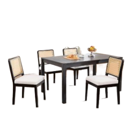Modern Farmhouse Rattan Dining Chairs Set of 4 Beige Linen Upholstered Dining Room Chairs  Cane Back Mid Century Black Wooden