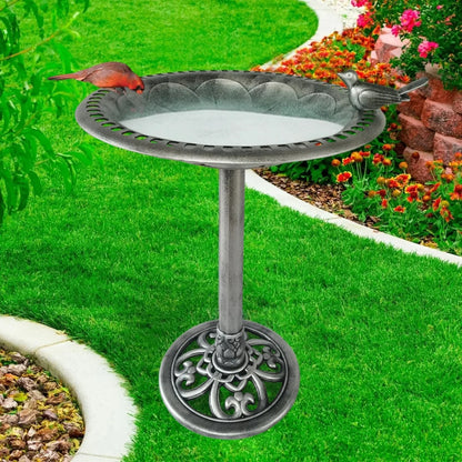 29 Inch Polyresin Lightweight Outdoor Garden Bird Bath - Silver
