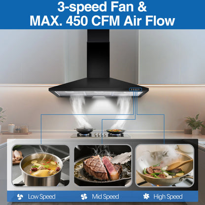 24/36" Black Stainless Steel Range Hood 450 CFM, 3-Speed, LED Light, Under 55dB, Ducted/Ductless 120V