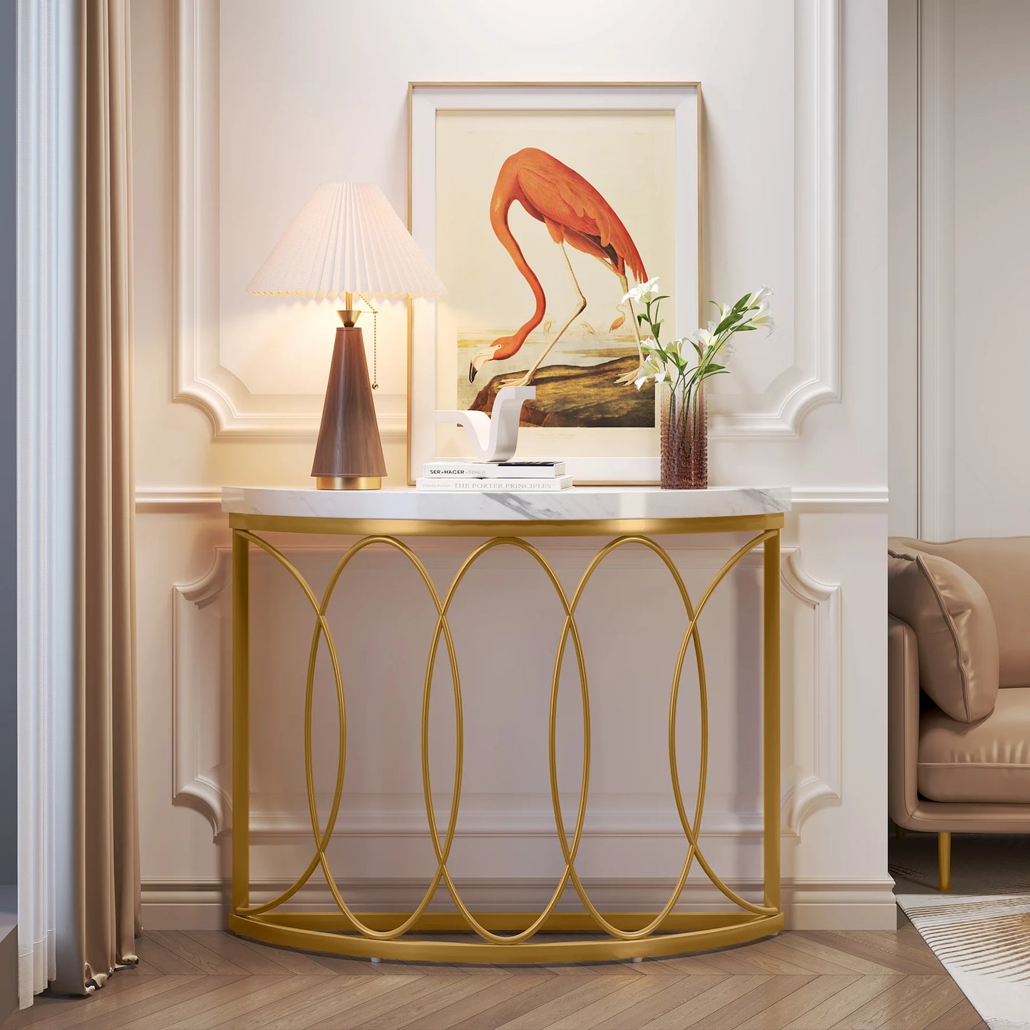Half Moon Gold Console Table, 43" Modern Entryway Table, Narrow Semi Circle Sofa Table with Geometric Metal Frame