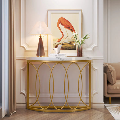 Half Moon Gold Console Table, 43" Modern Entryway Table, Narrow Semi Circle Sofa Table with Geometric Metal Frame