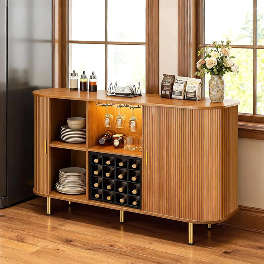 55-Inch Modern Wine Bar Cabinet with Storage, LED Lights, USB Ports & Adjustable Shelves for Living Room