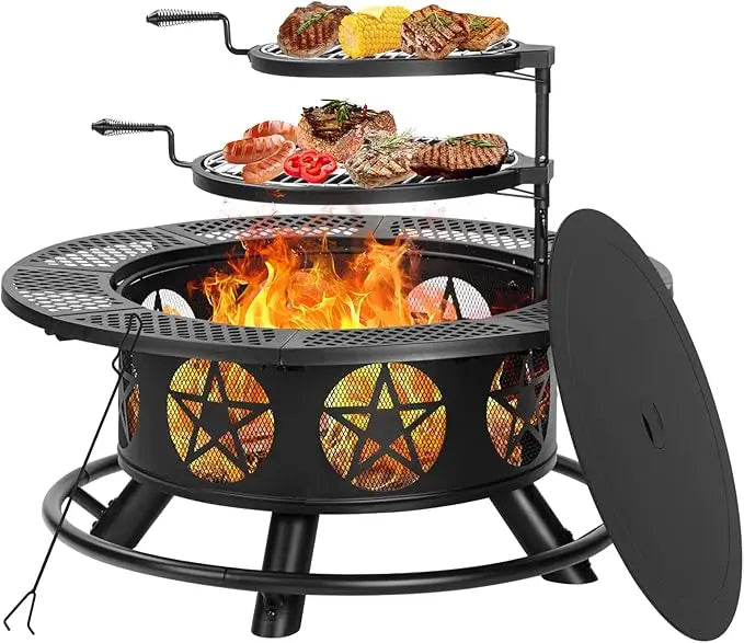 42 Inch Fire Pit with 2 Grills, for Outside with Lid & Poker, Heavy Duty Firepit,BBQ& Outdoor Fire Pit