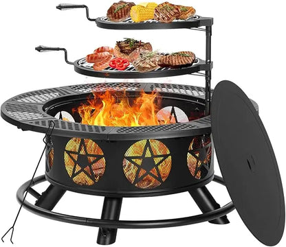 42 Inch Fire Pit with 2 Grills, for Outside with Lid & Poker, Heavy Duty Firepit,BBQ& Outdoor Fire Pit