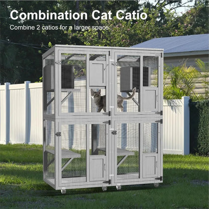 Large Outdoor Cat Enclosure, 4 Tiers Cat Catio with Wheels, Resting Box, Sunshine Panel Waterproof Roof