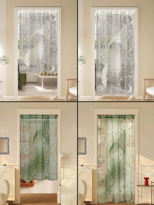 1PC Ramadan Translucent Sun and Moon Lace Door Curtain for Living Room Kitchen Door Frame Barrier Decorative Door Curtains