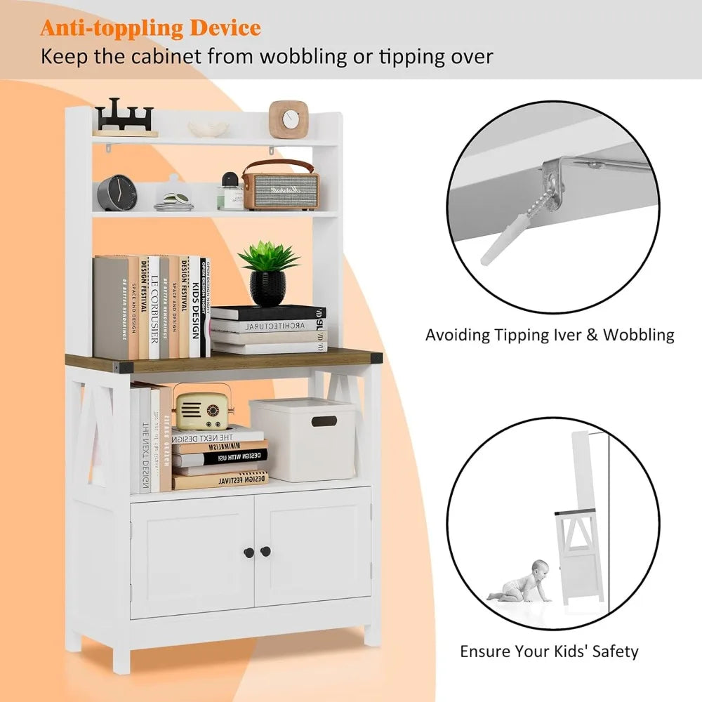White Microwave Stand Bakers Rack Cabinet, Freestanding 5-Tier Kitchen Storage with Shelves, Farmhouse Floor Hutch Door Thickene