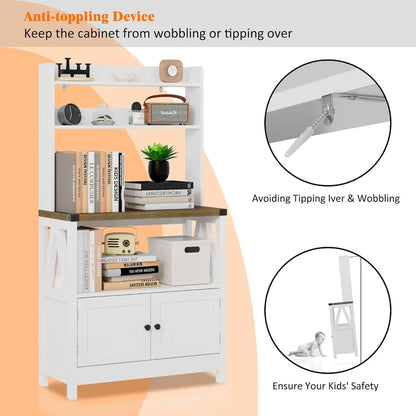 White Microwave Stand Bakers Rack Cabinet, Freestanding 5-Tier Kitchen Storage with Shelves, Farmhouse Floor Hutch Door Thickene
