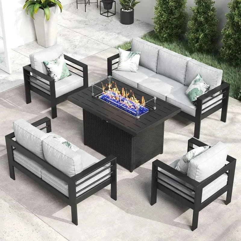 RPD4-QLayinSun Aluminum Furniture with Fire Pit Table. 5 Pieces Patio Sectional Conversation Chat Sofa Modern Seating Set