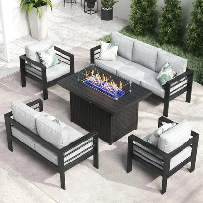 RPD4-QLayinSun Aluminum Furniture with Fire Pit Table. 5 Pieces Patio Sectional Conversation Chat Sofa Modern Seating Set