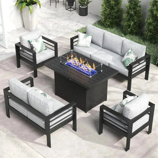 RPD4-QLayinSun Aluminum Furniture with Fire Pit Table. 5 Pieces Patio Sectional Conversation Chat Sofa Modern Seating Set