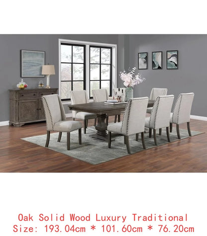 Traditional 9-Piece Dining Set with Leaf, 8 Side Chairs, Pedestal Base, Oak Finish, Wingback Design, Upholstered Cushions,