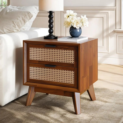 Jasper Fully Assembled Mid Century Solid Wood Rattan Nightstand