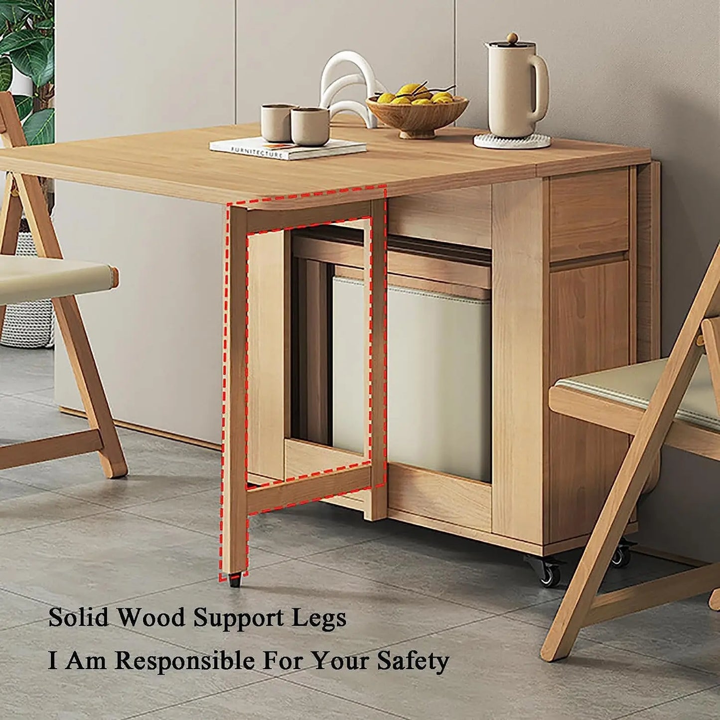 Solid Wood Foldable Dining Table and Chair Set, Retractable Home Dining Table Drop Leaf Table with 4 Chairs and Storage Drawer,