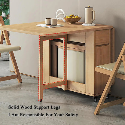 Solid Wood Foldable Dining Table and Chair Set, Retractable Home Dining Table Drop Leaf Table with 4 Chairs and Storage Drawer,