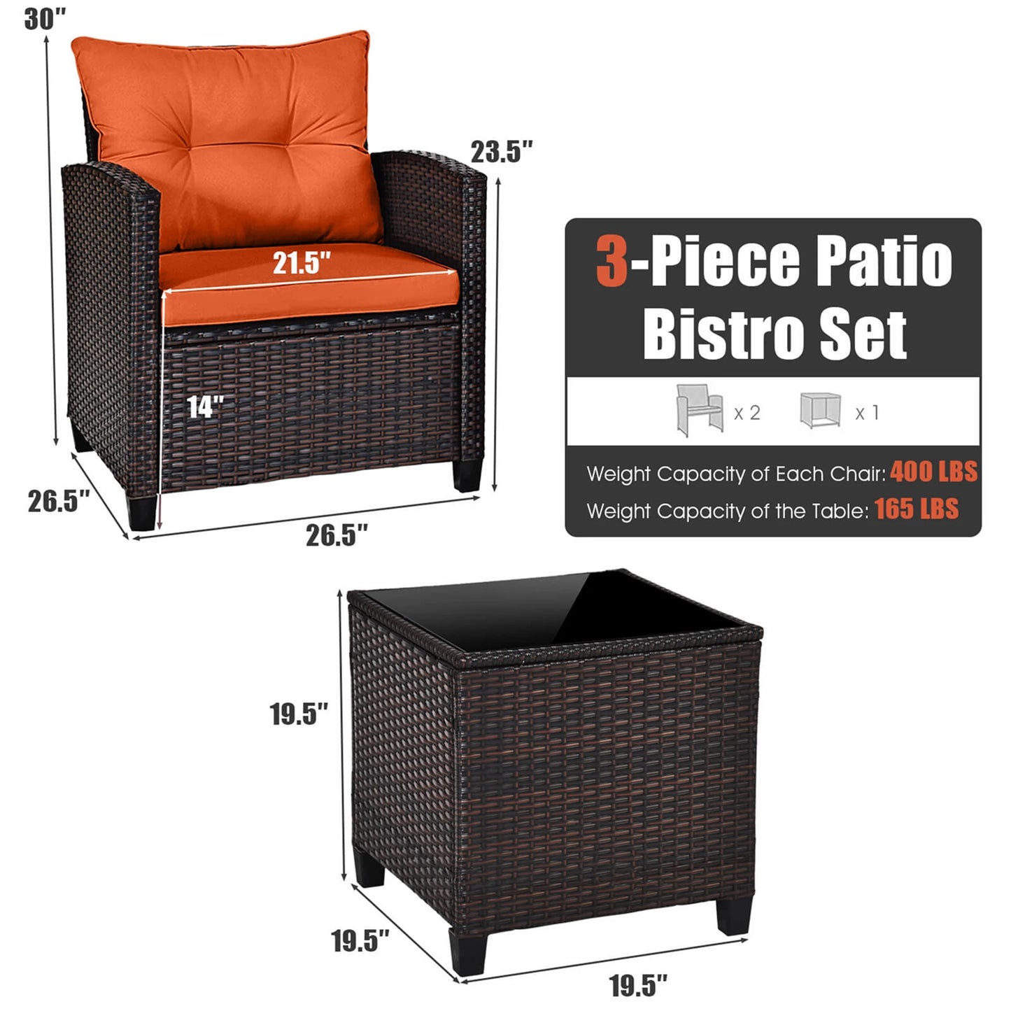 3 PCS Patio Rattan Furniture Set Cushioned Conversation Set  Orange