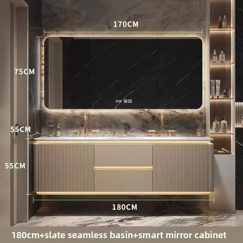 Luxury Bathroom Vanity Cabinets Set Modern Slate Single Double Basin Nordic Oak Storage Bathroom Drawer Slab Sink Mirror Cabinet