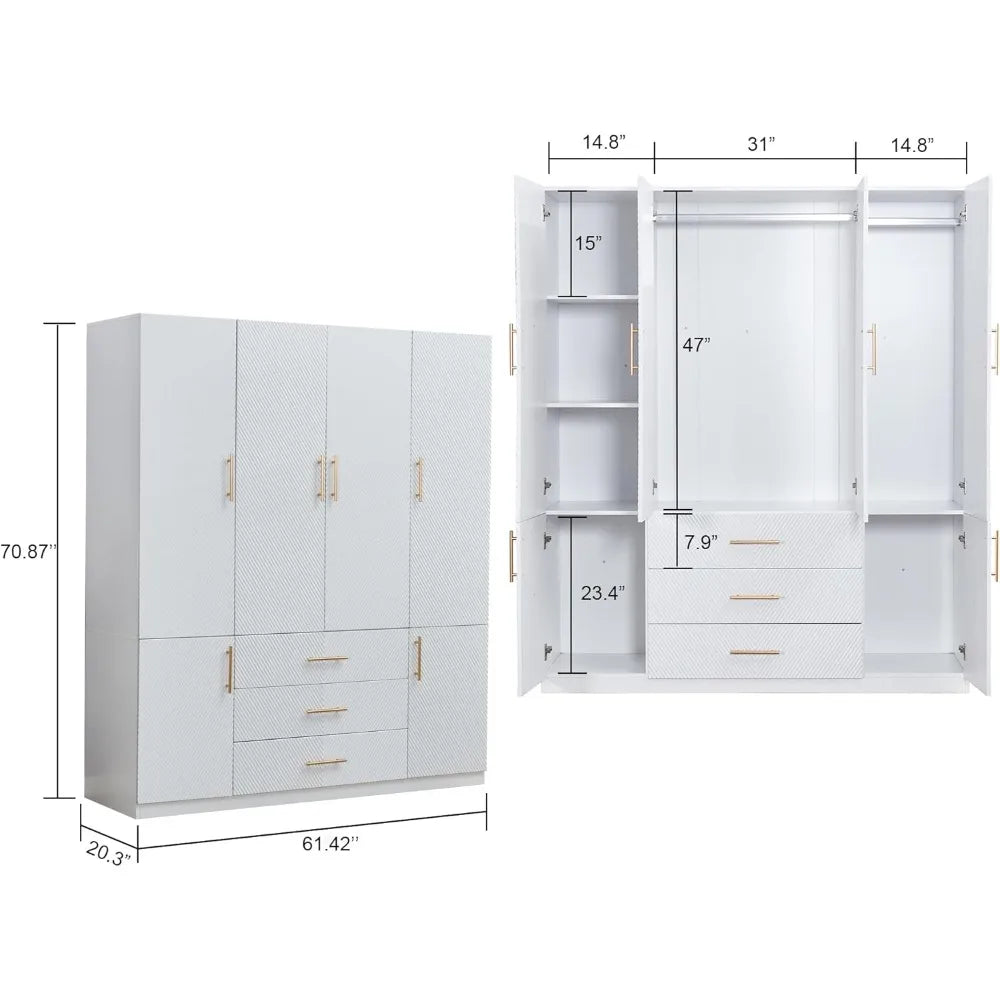 Wooden Armoire Wardrobe Closet：Large Wardrobe Closet with 4 Doors, 3 Drawers for Tall Cabinet, Wardrobe Cabinet for Bedroom with