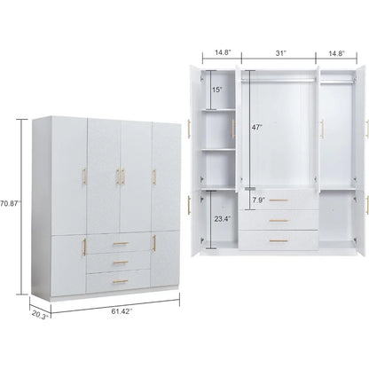 Wooden Armoire Wardrobe Closet：Large Wardrobe Closet with 4 Doors, 3 Drawers for Tall Cabinet, Wardrobe Cabinet for Bedroom with