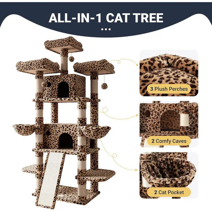 XXL Tall Cat Tower with Leopard Print - Multi-Level Climbing Tree and Condo