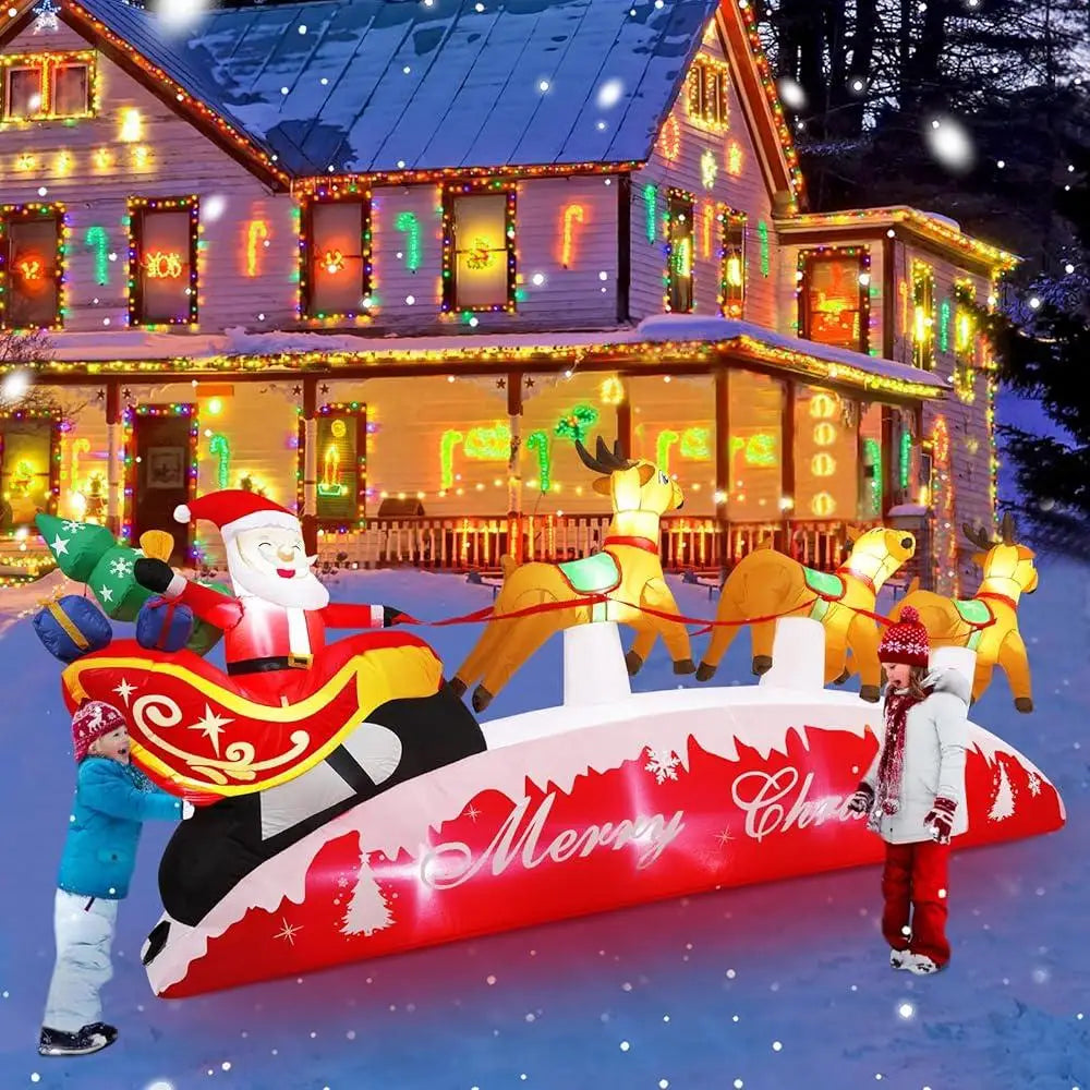 10 FT Christmas Inflatables Santa Sleigh with Reindeer LED Lights Outdoor Yard Decor Holiday Inflatable Christmas Decorations