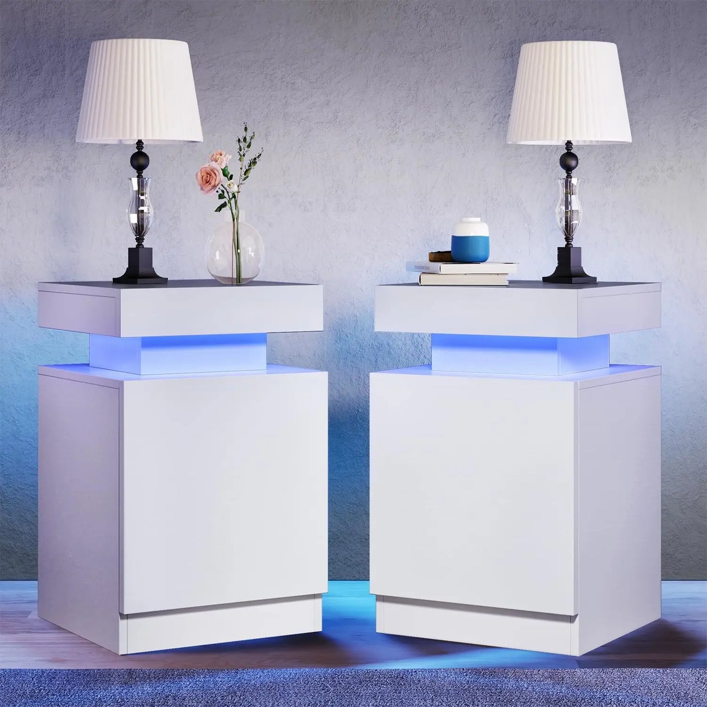 Nightstand Set of 2 with LED Lights,Night Stand with Storage Cabinet for Bedroom,Bedside Table with LED, Black