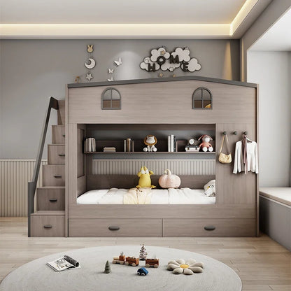 Bunk bed kids with Drawer storage loft double bed Climbing stairs full frames Queen Wooden literas de 2 camas bedroom furniture