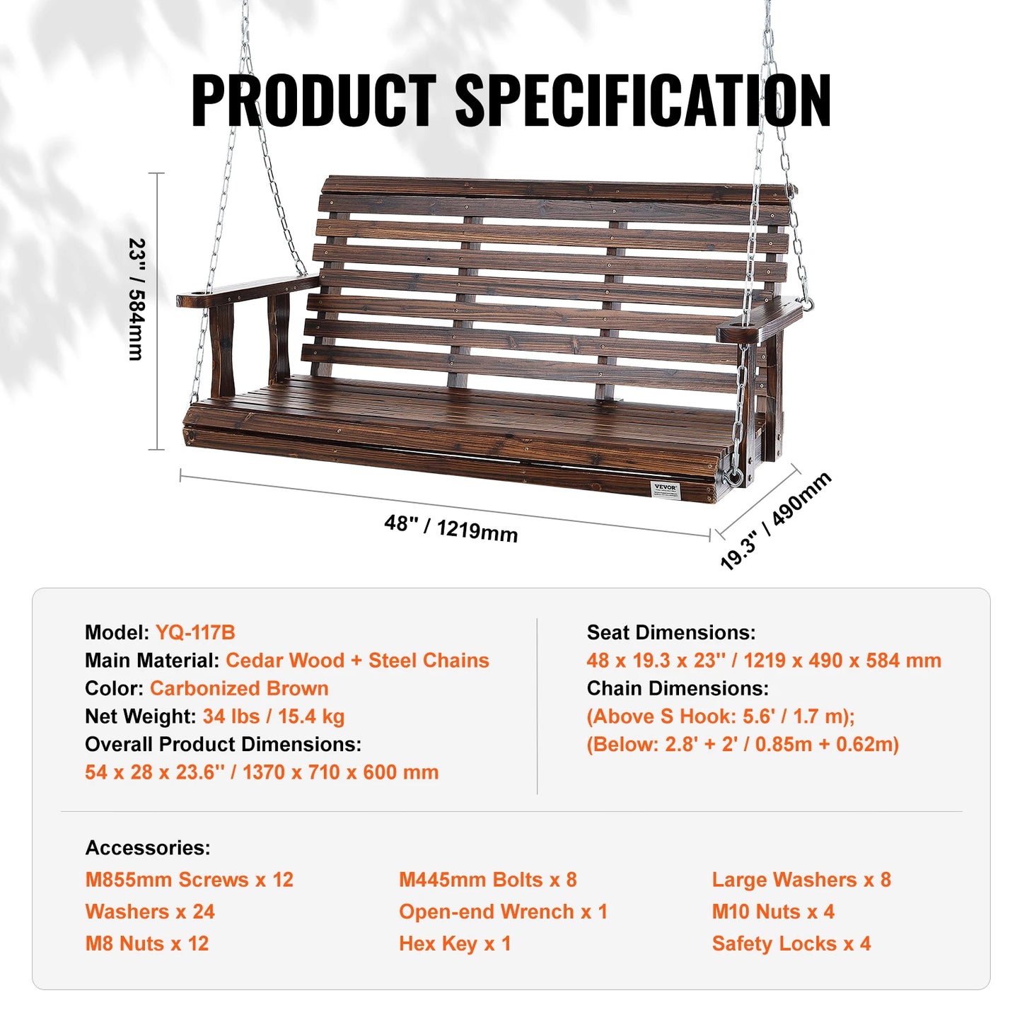 Wooden Porch Swing 5 ft Patio bench swing for Courtyard Garden Upgraded 880 lbs Strong Load Capacity Swing Chair Bench