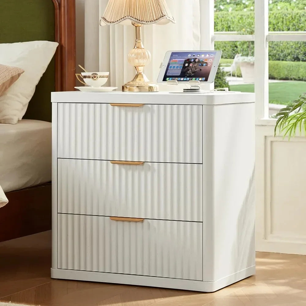 23" wide fluted night stand with charging station,3 drawers large end table with storage,white nightstand