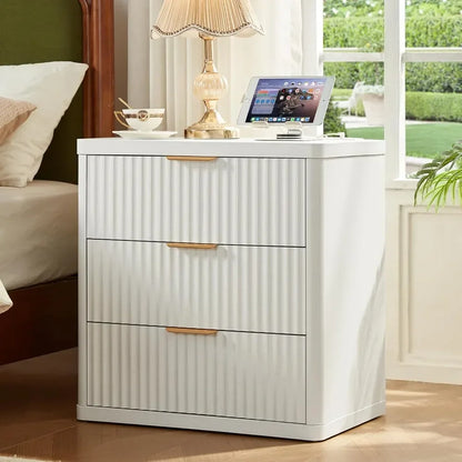 23" wide fluted night stand with charging station,3 drawers large end table with storage,white nightstand