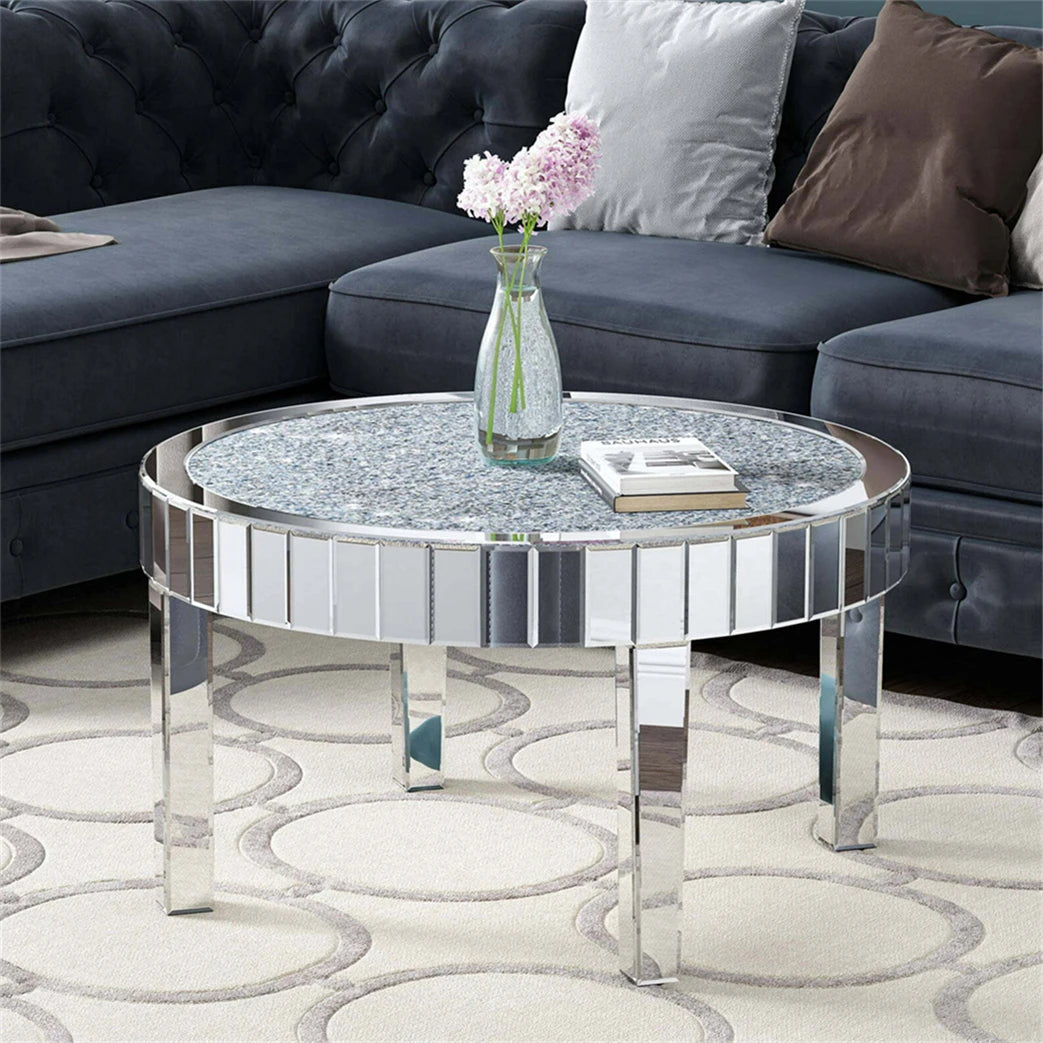 Large Round Mirrored Coffee Table Beveled Bling Crushed Diamond End Table