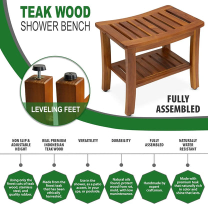 21 Inch Fully Assembled Teak Shower Bench, Waterproof Wood Bath Stool for Elderly and Spa Use