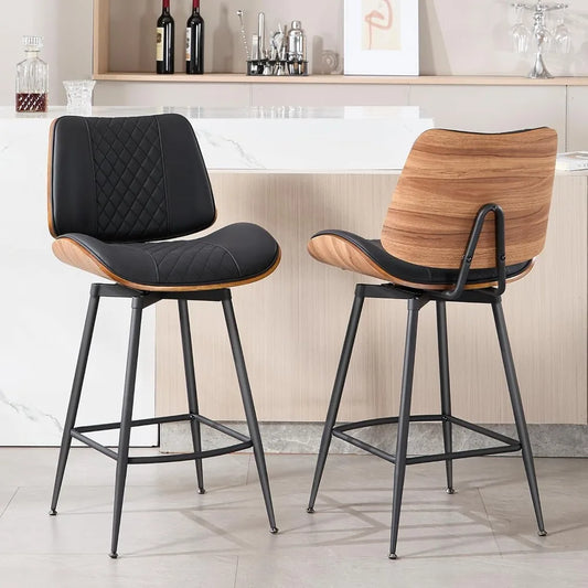 Swivel Bar Stools Set of 2,26.8"Counter Height Barstools in Modern Style,Armless Walnut Pub Chair PU Leather Bentwood