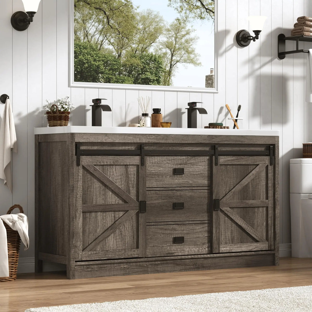 Double Bathroom Vanity with Sink & Faucet & Sewer Pipes,59" Farmhouse Bathroom Vanity Cabinet Set with 3 Storage Drawers &