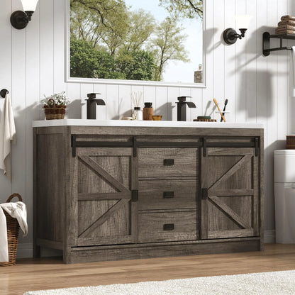 Double Bathroom Vanity with Sink & Faucet & Sewer Pipes,59" Farmhouse Bathroom Vanity Cabinet Set with 3 Storage Drawers &