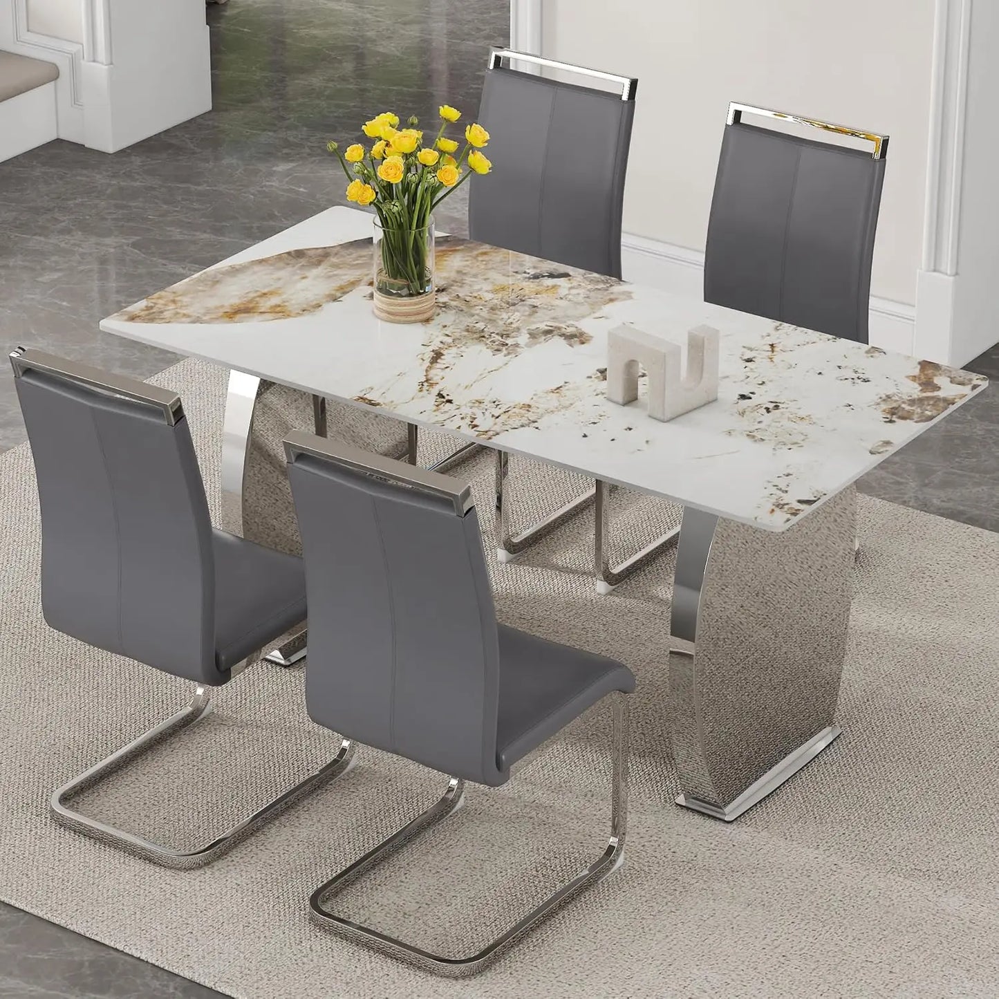 5-Piece Rectangular Faux Marble Dining Set with 4 White Chairs