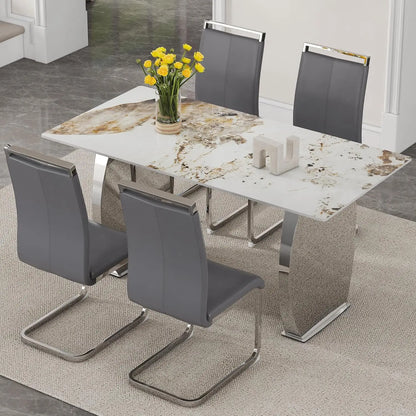 5-Piece Rectangular Faux Marble Dining Set with 4 White Chairs