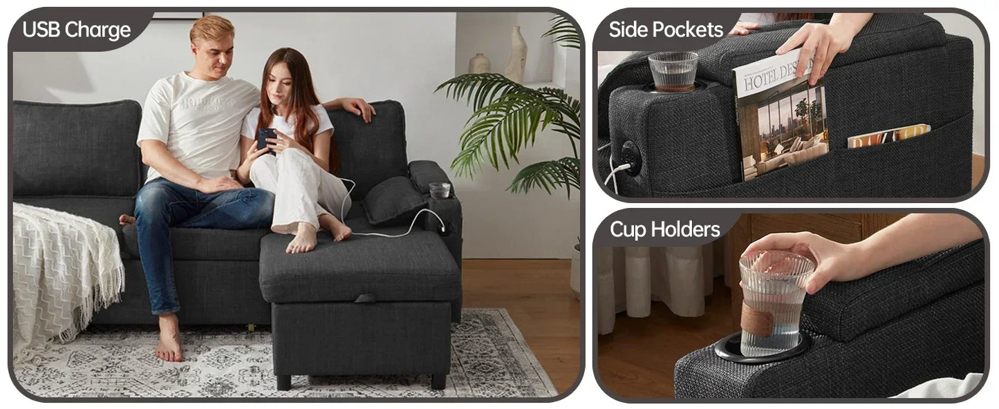 Sleeper Sofa Pullout Bed for Living Room.L Shaped Couch with Storage Chaise.USB.Cup Holder (Dark G