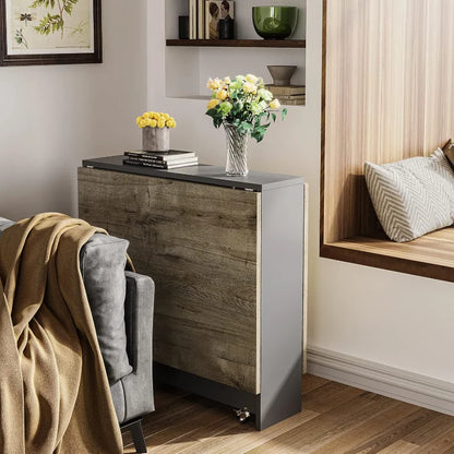 Folding Drop Leaf Dining Table with 6 Wheels and 2-Layer Storage Shelf, Space Saving Table for Small Spaces, Chestnut