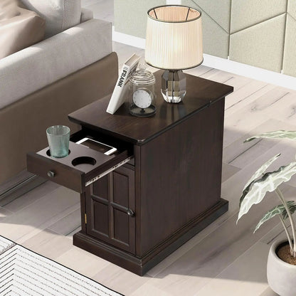 Multifunctional Classic Vintage End Table with USB Ports and 1 Drawer with Cup Holders