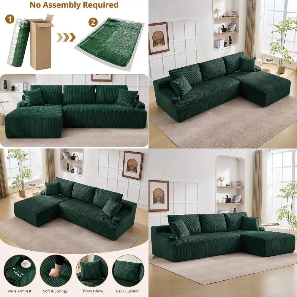 96 Comfortable Sectional Sofa with Sleeper, No Assembly Needed, Corduroy Fabric, Deep Seating Loveseat + Chaise Lounge for Livin