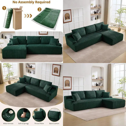 96 Comfortable Sectional Sofa with Sleeper, No Assembly Needed, Corduroy Fabric, Deep Seating Loveseat + Chaise Lounge for Livin