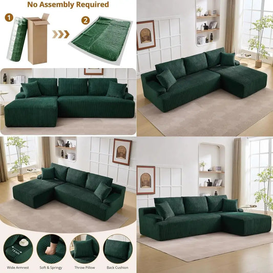 96 Comfortable Sectional Sofa with Sleeper, No Assembly Needed, Corduroy Fabric, Deep Seating Loveseat + Chaise Lounge for Livin