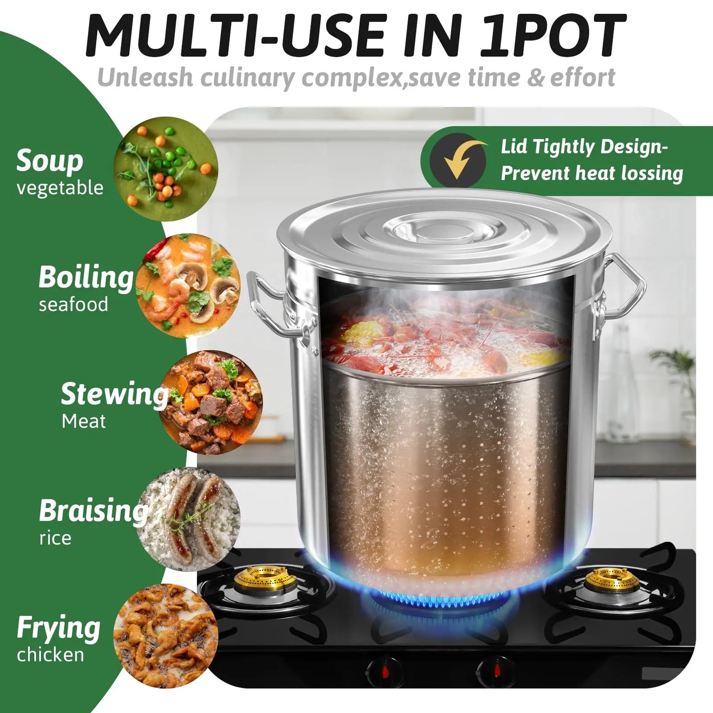 36/53/74QT Stainless Steel Seafood Boil Pot with Lid,Crab, Lobster, Shrimp Boil Stock with Strainer, Turkey Fryer Pot, Stock Boiler Deep,Fried Cooker for Commercial Outdoors