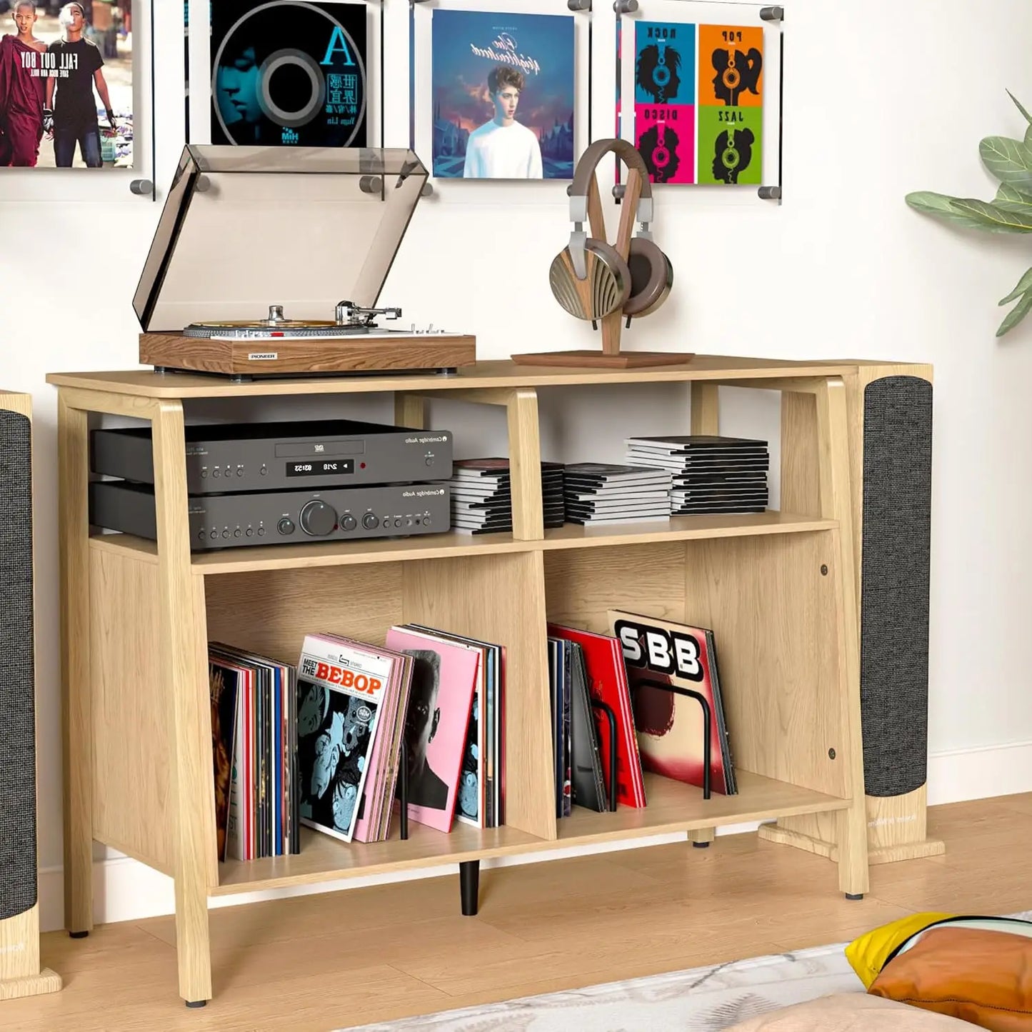 Mid Century Turntable Stand Table with Open Storage Holds up to 300 Albums, Vinyl Record Storage Display Shelf for Living Room