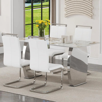 5-Piece Rectangular Faux Marble Dining Set with 4 White Chairs