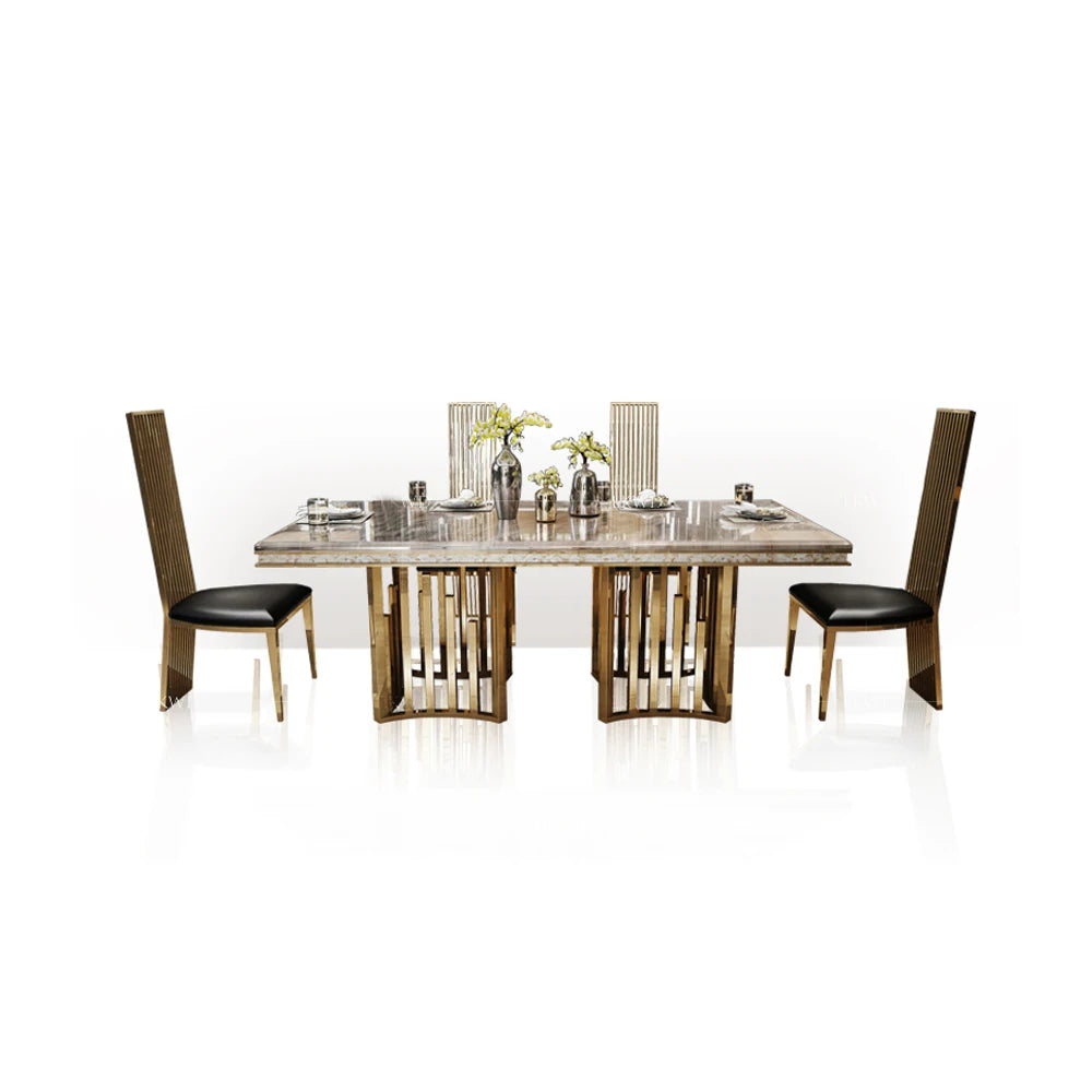 Luxury Marble Dining Table Set with Gold Stainless Steel Frame, Dining Room Table with Sea Shell and High-Back Chairs