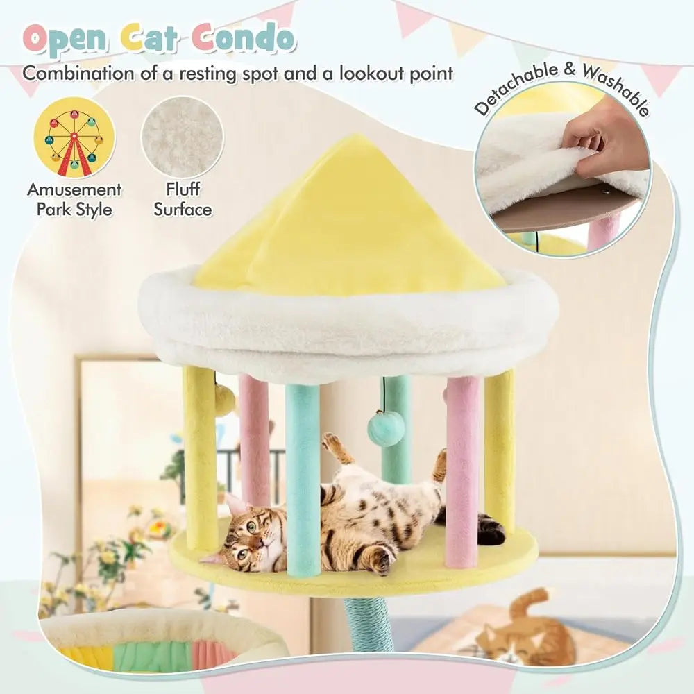 57.5 High Stylish Cat Tower with Paper Rope, Open-top Condo, Removable Perches, and Swinging Balls for Indoor Play